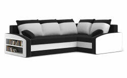 GreenSite Grande sarokkanapé polcokkal , polc a bal karfaban, jobboldali, szövet anyag, bonell töltet, fekete - fehér