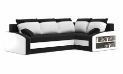 GreenSite Grande sarokkanapé polcokkal , polc a jobb karfaban, jobboldali, szövet anyag, hab töltet, fekete - fehér - pepita