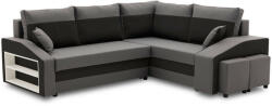 GreenSite Grande sarokkanapé polcokkal és puffokkal , polc a bal karfaban puffok a jobb karfaban, jobboldali, szövet anyag, hab töltet, szürke - fekete