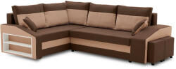 GreenSite Grande sarokkanapé polcokkal és puffokkal , polc a bal karfaban puffok a jobb karfaban, baloldali, szövet anyag, hab töltet, barna