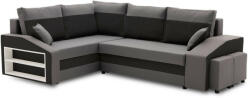 GreenSite Grande sarokkanapé polcokkal és puffokkal , polc a bal karfaban puffok a jobb karfaban, baloldali, szövet anyag, hab töltet, szürke - fekete - pepita