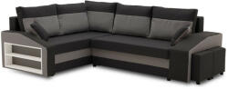 GreenSite Grande sarokkanapé polcokkal és puffokkal , polc a bal karfaban puffok a jobb karfaban, baloldali, szövet anyag, bonell töltet, fekete - szürke