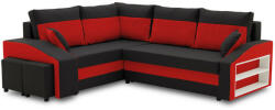 GreenSite Grande sarokkanapé polcokkal és puffokkal , polc a jobb karfaban puffok a bal karfaban, baloldali, szövet anyag, hab töltet, fekete - piros