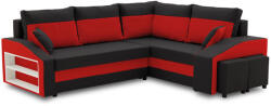 GreenSite Grande sarokkanapé polcokkal és puffokkal , polc a bal karfaban puffok a jobb karfaban, jobboldali, szövet anyag, bonell töltet, fekete - piros - pepita