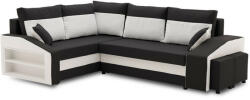GreenSite Grande sarokkanapé polcokkal és puffokkal , polc a bal karfaban puffok a jobb karfaban, baloldali, szövet anyag, hab töltet, fekete - fehér