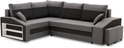 GreenSite Grande sarokkanapé polcokkal és puffokkal , polc a bal karfaban puffok a jobb karfaban, baloldali, szövet anyag, bonell töltet, szürke - fekete