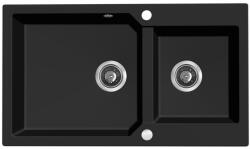 Laveo MILOS 2M 90 kétmedencés matt fekete gránit mosogató helytakarékos dugókiemelős szifonnal (OPSPM_B208)