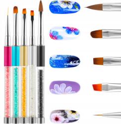  Körömdíszítő Ecsetek Gél Lakkhoz, Akrilhoz, Kristályokkal, 5 Darabos Szett (ZESTAW PĘDZELKÓW DO PAZNOKCI Z KRYSZTAŁKAMI)