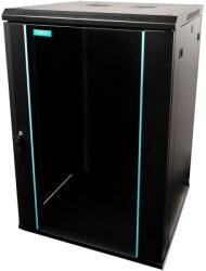  19″-es szekrény távtartóval, 18u, 600x600mm, falra szerelhető, lapra szerelhető (szétszerelt), fekete üvegajtóval, zárral és levehető panelekkel