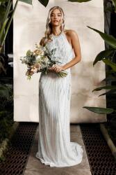 Coast Bézs Esküvői Ruha Maxi Strasszok Gyöngyök Nyitott Hát Egyenes Coast 40 (BCC09698)