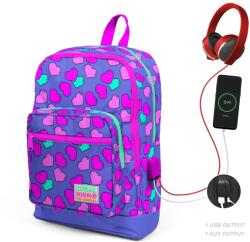 Coral High Ghiozdan cu 4 compartimente, Coral High, cu USB, mov cu inimioare