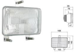 WESEM Fényszóróbetét Massey Ferguson traktorokhoz (helyzetjelző nélküli) H4 foglalattal 168x106x93 mm . Felül középen 1db, - alul 2 db fém felfogó fűllel. Alsó füleknél furattávolság: 100mm. RE. 27011 (RE.2