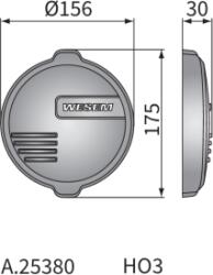 WESEM A. 25380. Zárt takaró fedél a kis kerek lámpákhoz HO3 tipuscsalád. Azegyéb takarófedeleket illetve védőrácsokat az alábbi kódokon lehet megtalálni: WES0089, 90, 162, 163, 220, 339, 351, 392 (A.25380) 