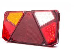 WAS W125 tipuscsalád. 915. Teljesen LED, -es 5 funkciós(H. jelzö, fék, irányj, tolató, köd) utánfutó, ill. pótkocs hátsólámpa háromszög prizmával. BAL oldal. 12-24V, -os kivitel. Méretei: 242x134mm, vast.