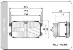 WESEM RE. 21479. Téglalap alaku H4, -es ZETOR fényszóróbetét, izzóval. Helyzetjelző nélküli kivitel. Méretei: 156x93x86mm. Felfogatás: Oldalanként: 2-2füllel. Felfogatási táv: 156, ill. 49mm, (RE.21479) - s