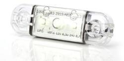 WAS W97.1 tipuscsalád. 710. Rővid, lekerekített FEHÉR, lapos első helyzetjelző lámpa-gumi alaplappal. 12, 24V, -os kivitel. 3 Led. 23, 9 Lumen. Méretei: 83, 8x24, 2x10, 4mm. Furattáv: 61mm. Vízállóság: IP