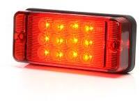 WAS W83d tipuscsalád. 700KR. Univerzális hátsó keskeny és lapos téglalap alaku ködlámpa piros búrával, -gumi alátéttel. 12-24V, -os kivitel. 12 Led. Vízállóság: IP66/68. Méretei: 107, 4x46, 7x23mm. 38cm b