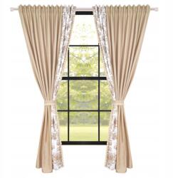  Pomponos függönyszett, fehér-bézs, 250x380 cm, virágmintás, 2 db (610)