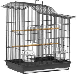 PawHut Colivie pentru Păsări cu 4 Uși, 2 Boluri, 2 Stinghii și Tavă, din Metal și Plastic, 47.5x36x54.5 cm, Negru