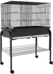 PawHut Madárketrec Tálcával, Polccal és Kerekekkel, Acél Volier Hullámos Papagájokhoz, Kanárikhoz, Fekete