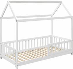 Homcom Montessori Gyerekágy Házikó Formában, 15 Léccel és Védőkorlátokkal, 96x195x165 cm, Fehér