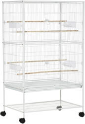 PawHut Beltéri Madárkalitka Kivehető Tálcával, 4 Kerékkel és Ülőrudakkal, 78x52x132 cm, Fehér