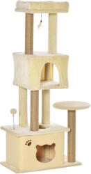 PawHut Arbore Zgârietoare pentru Pisici Înalt 136 cm cu Căsuță Detașabilă, Căsuță și Pătuț, Stâlpi din Iută, Bej