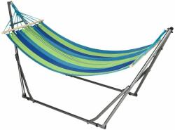  Pamut függőágy acéltartóval, táska, kék és zöld, csíkos, 188x62 cm