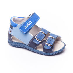 Asso Asso, kék-világoskék, bőr, csatos-tépőzáras szandál, kisautós díszítéssel (19-24); (F-SZ-009-01) (20)