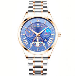 FNGEEN Ceas barbatesc elegant, Fngeen, afisaj data, bleu / auriu / argintiu Ceas