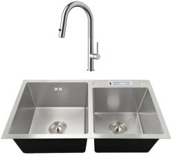 Anahita Set chiuveta bucatarie dubla Anahita, inox satin, 82 x 45 x 22 cm, dozator detergent, suport cutite, baterie cu pipa extractabila (D001ST2821200) Chiuveta