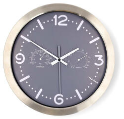 Nedis CLWA5226SS falióra, 30 cm átmérő, rozsdamentes acél, csendes szerkezet: óra, hőmérő, páratartamom mérő (CLWA5226SS) - digitzone