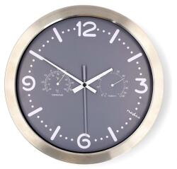 Nedis CLWA5226SS falióra, 30 cm átmérő, rozsdamentes acél, csendes szerkezet: óra, hőmérő, páratartamom mérő (CLWA5226SS) - pcx