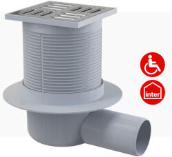 Alcadrain ALCA padlóösszefolyó 105x105/50 mm, vízszintes csatlakozás 50mm, rozsdamentes rács, vizes bűzzár (APV1) (APV1)