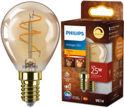 Philips LED izzó E14 gömb alakú P45 3.1W = 25W 270lm 2200K Meleg CRI90 300° IZZÓFŰSZERES Vintage borostyánszínű, szabályozható dekoratív Philips (8721103048974)