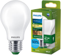 Philips LED izzó E27 A60 2, 3 W = 40 W 485 lm 212 lm/W 2700 K Meleg 300° Tejes A OSZTÁLYÚ Szabályozható UltraEfficient Philips (8721103051950)