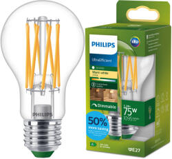 Philips LED izzó E27 A60 5, 2 W = 75 W 1095 lm 212 lm/W 2700 K Meleg 300° A OSZTÁLYÚ Szabályozható UltraEfficient Philips (8721103051974)