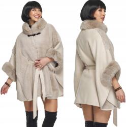 DEMUR Bézs Poncho, Poncho köpeny, Bolero, kabát, dzseki szőrmével világos Bézs