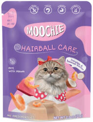 Moochie Hairball Control cu creveți 70g susține digestia, ajutând la controlul și reducerea formării ghemotoacelor de păr