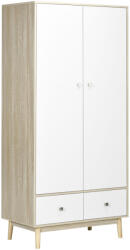 Homcom Fa szekrény 2 ajtóval, 4 rekesszel, 2 fiókkal és akasztóval, fehér és fa színű, 90x50x190 cm