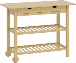 Homcom Bambusz Fa Konyhai Kocsi 2 Fiókkal, 2 Polccal és 2 Kerékkel, 100x43x75 cm, Természetes Fa Színben