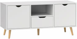 HomCom 50" -os TV-szekrény fiókkal, nyitott polccal és 2 szekrénnyel, 5 fenyőfa lábbal, 110x40x50 cm, Fehér