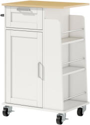 Homcom Cărucior de Bucătărie cu Sertar, Dulap, Suport pentru Prosoape și 3 Suporturi pentru Condimente, din Lemn, 62x40x87 cm, Alb