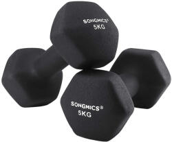 SONGMICS 2 db-os kézi súlyzó szett 2 x 5 kg neoprén bevonattal fekete hatszögletű csúszásmentes (EUZ-SYL60BK)