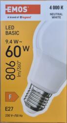 Legrand/Emos EMOS ZL5F43 Basic A60 / E27 / 9, 4W (60W) / 806lm / Természetes fehér LED izzó (EMOS-ZL5F43-3)