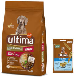  Affinity Ultima 12kg Ultima Medium/Maxi Senior csirke száraz kutyatáp + 180g Ultima Dental Sticks Medium/Maxi kutyasnack ingyen
