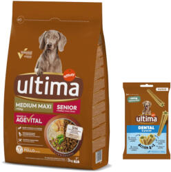  Affinity Ultima 3kg Ultima Medium/Maxi Senior csirke száraz kutyatáp + 180g Ultima Dental Sticks Medium/Maxi kutyasnack ingyen