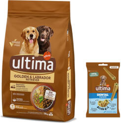 Affinity Ultima 14kg Ultima Golden & Labrador Retriever csirke száraz kutyatáp + 180g Ultima Dental Sticks Medium/Maxi kutyasnack ingyen