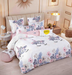 Jojo Home Lenjerie pat dublu, bumbac finet, 6 piese cu elastic, alba cu flori si gene-A595 (A595) Lenjerie de pat