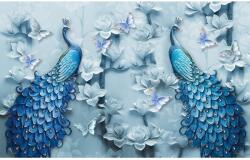 MÉDIA Öntapadó és mosható falfestmény Pávák, virágok, kék pillangók, 350 x 200 cm (FOTOTAP8300)